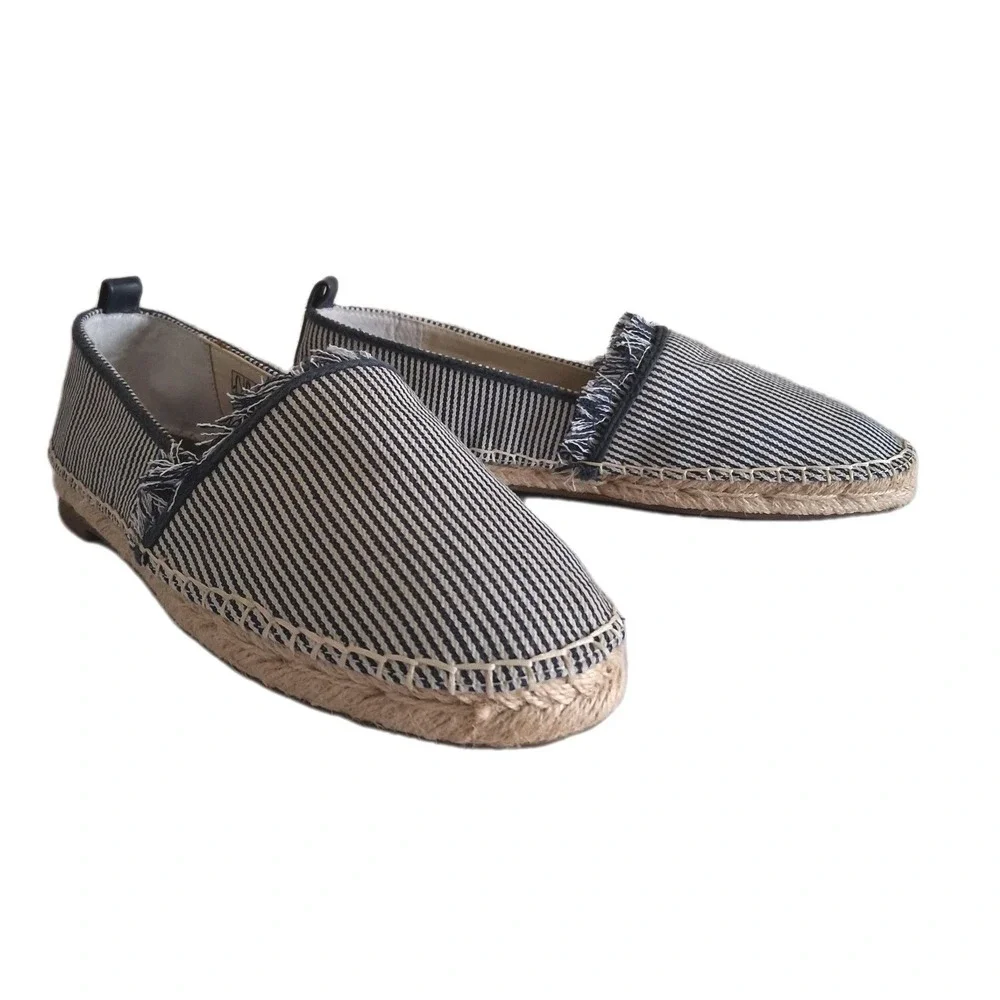 LANDS END Womens Slip-On Espadrille Flats Blue/White Fringe Denim Canvas Sz 8.5B
